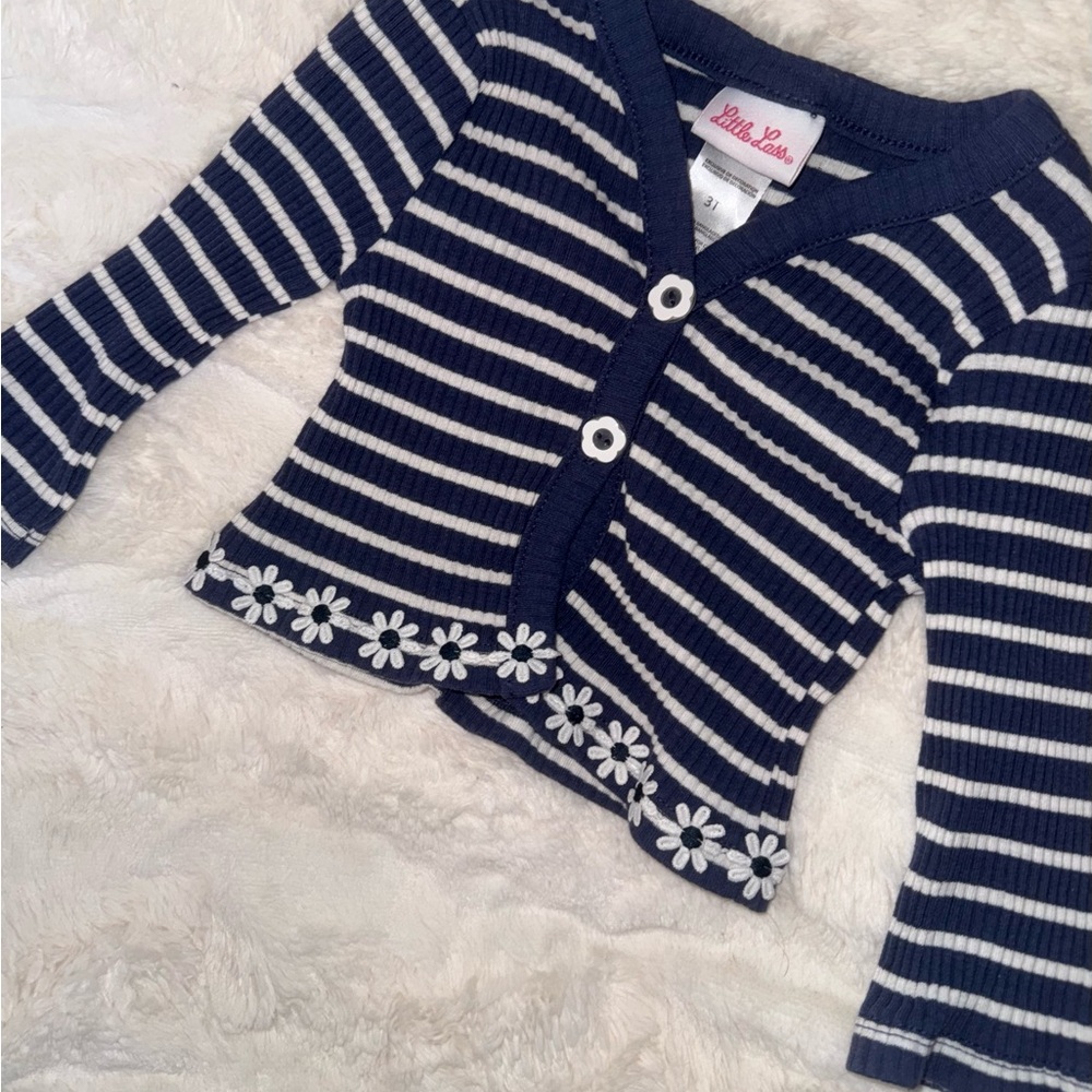 Little Lass Navy & White Striped Cardigan with Daisy Hem